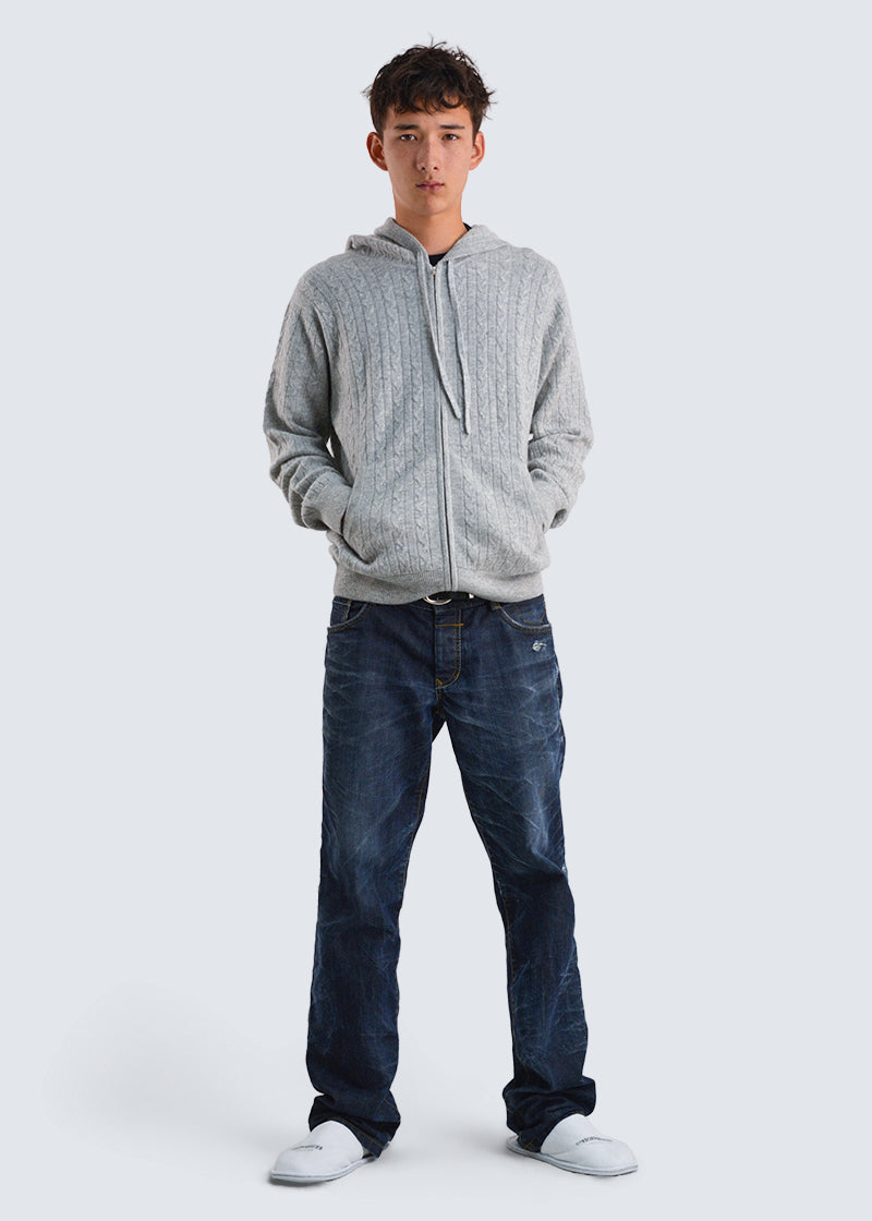 Kaschmir-Kapuzenpullover mit Zopfmuster und Reißverschluss