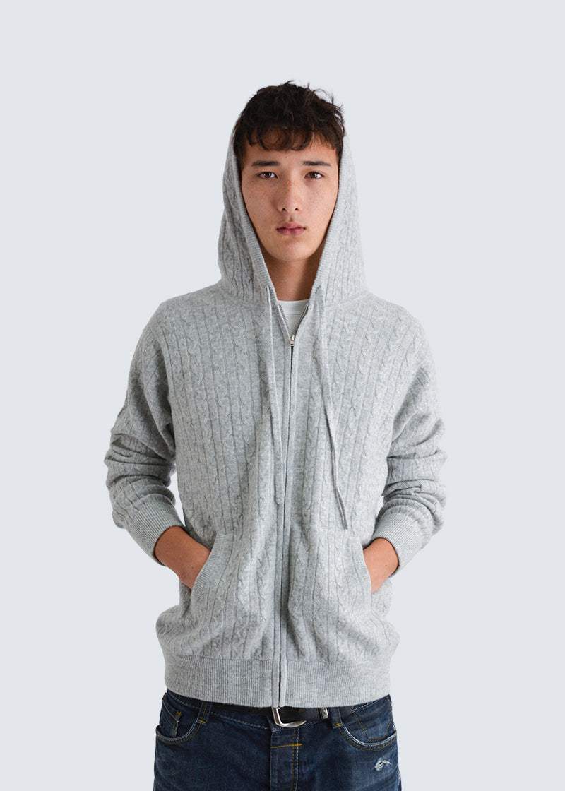 Kaschmir-Kapuzenpullover mit Zopfmuster und Reißverschluss