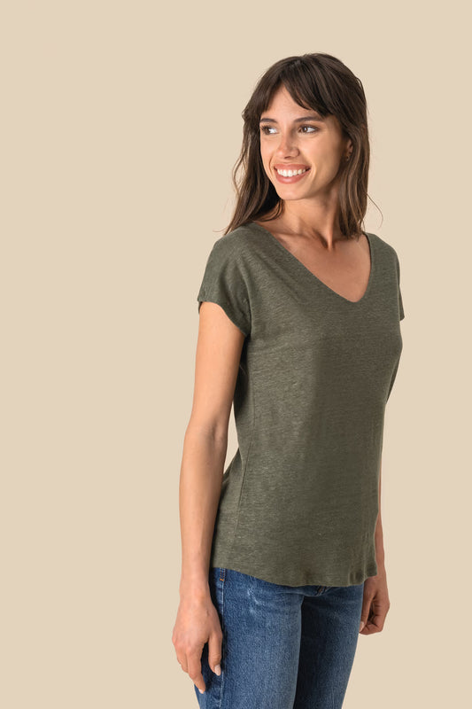 Ladies' V-neck linen t-shirt