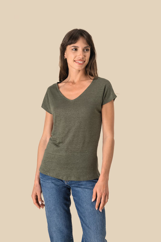 Ladies' V-neck linen t-shirt